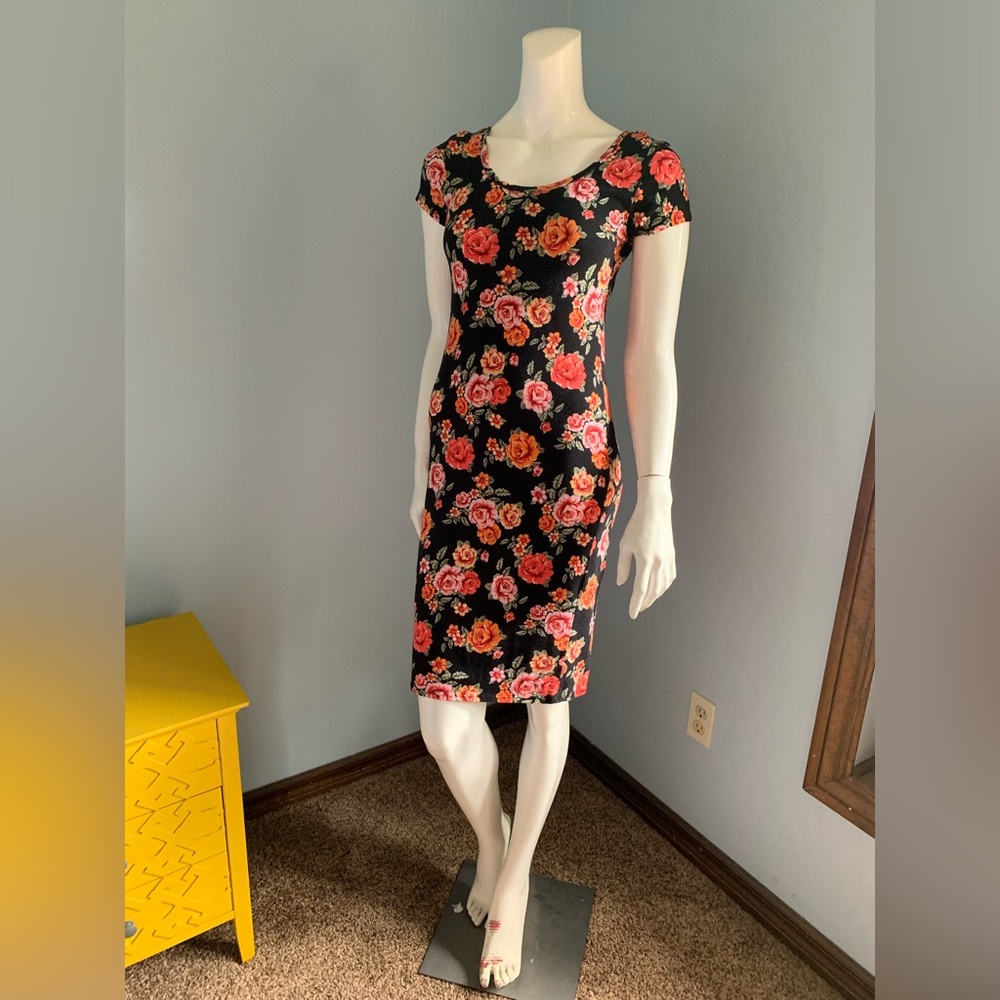 French Atmosphere Black Dress with Red and Pink Floral Pattern